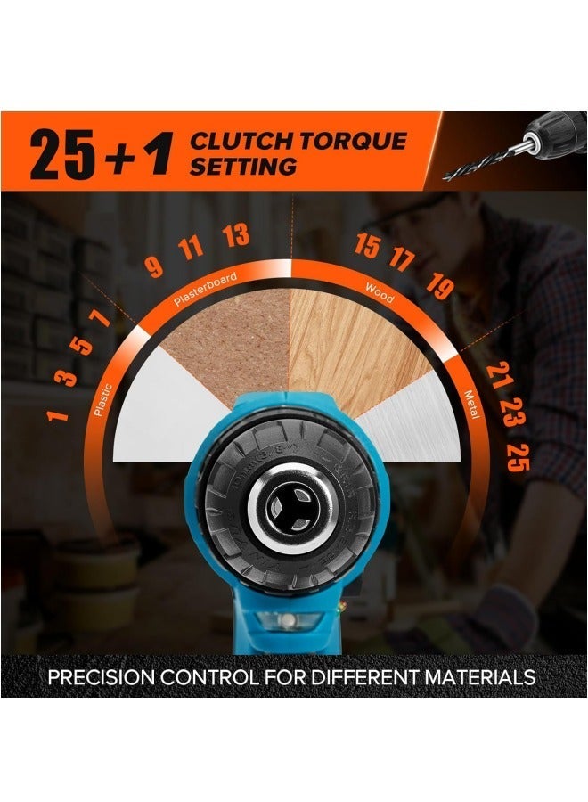 ALongDeng 48V Cordless Drill Set Power Drill Kit with 2 Pcs Battery 25 Position 2 Variable Speed 3/8'' Keyless Chuck Fast Charger and 33 Pcs Accessories with Case - Image 3